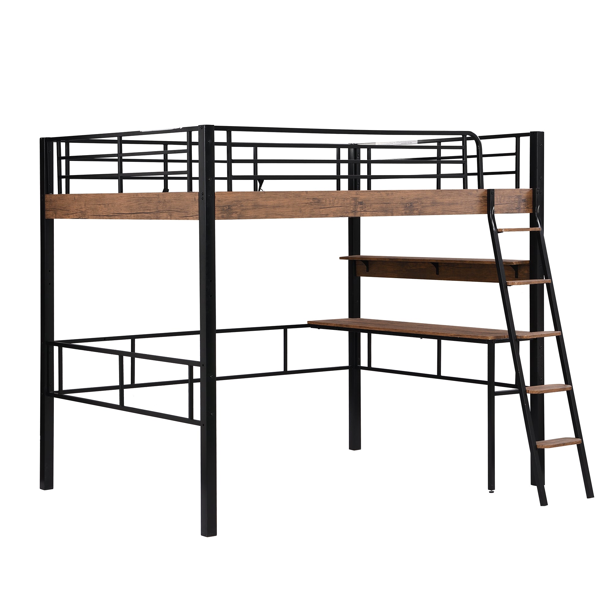 Metal Full Size Loft Bed with Built-in Desk, Storage Shelf and Ladder, Black
