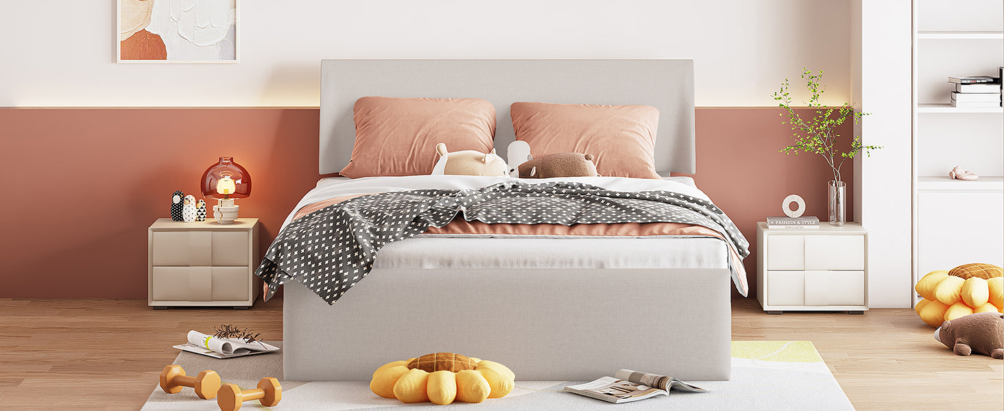 Queen Size Sleigh Bed with Side-Tilt Hydraulic Storage System, Linen Upholstery, Beige - Atlantic Fine Furniture Melbourne FL