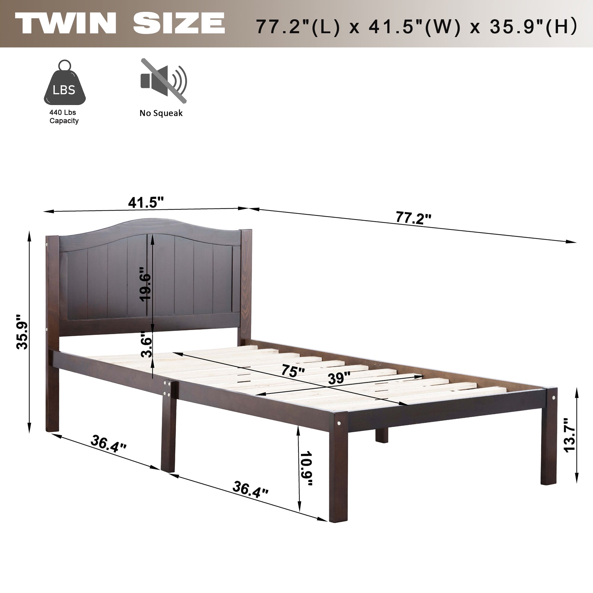 Twin Size Bed, Wood Platform Bed Frame with Headboard For Kids, Slatted, Dark Walnut - Atlantic Fine Furniture Melbourne FL