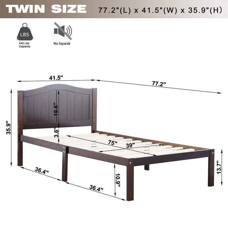 Twin Size Bed, Wood Platform Bed Frame with Headboard For Kids, Slatted, Dark Walnut