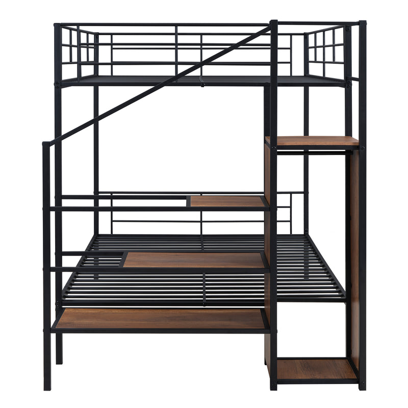 Full Over Full Metal Bunk Bed with Lateral Storage Ladder and Wardrobe, Black