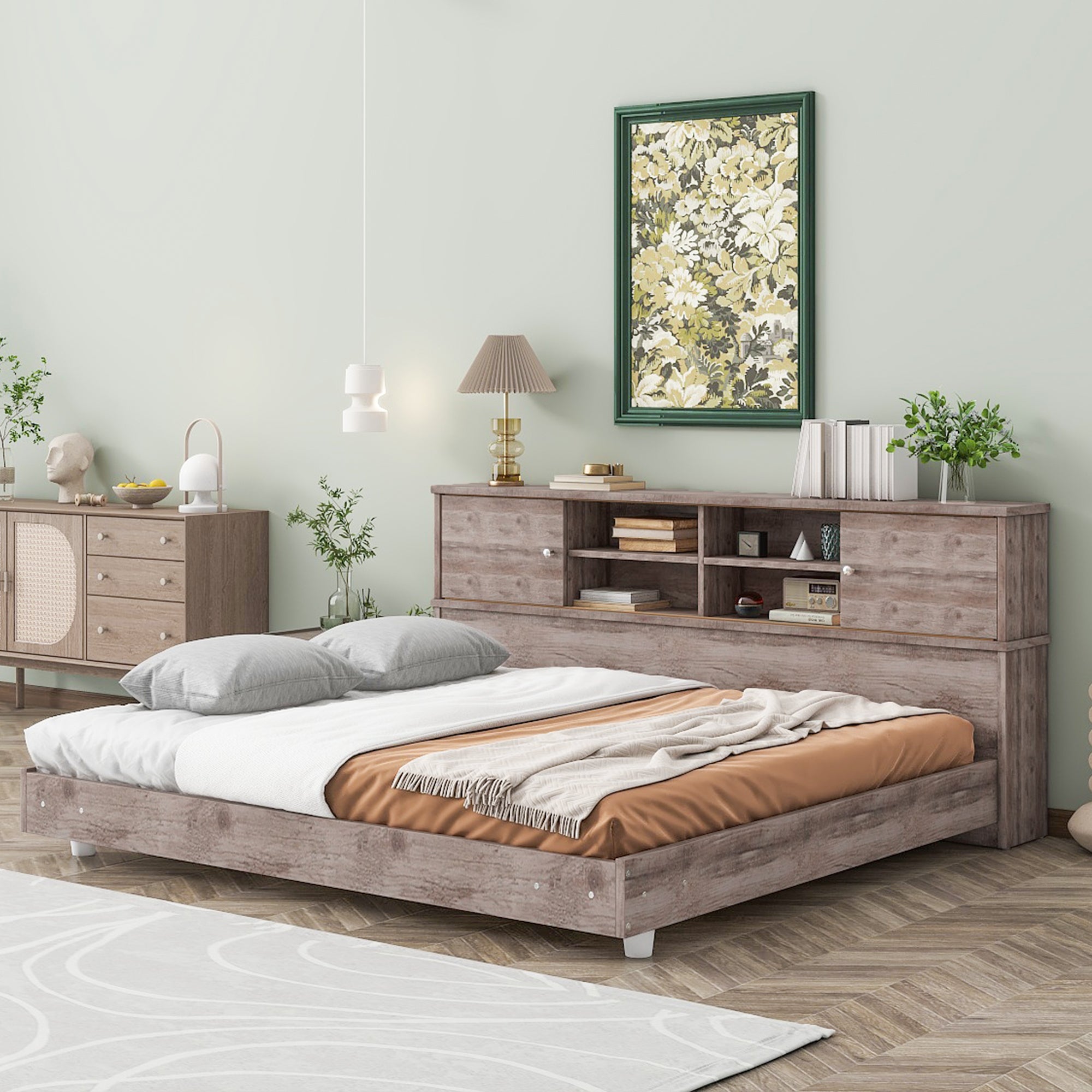 Full Size Daybed Frame with Storage Bookcases,Wood Light Oak