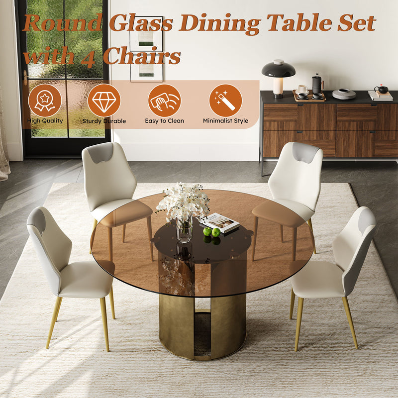 Modern Round Dining Table Set With Glass Top And Steel Legs
