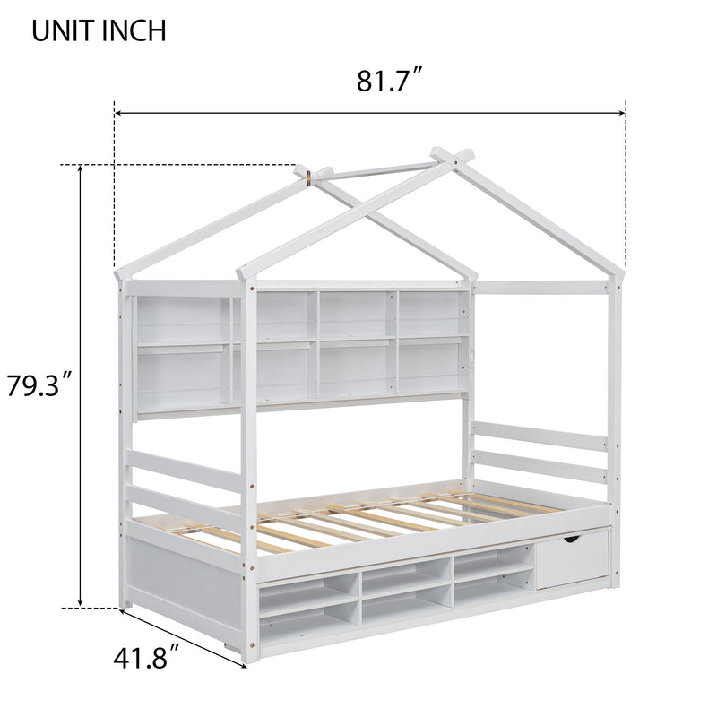 House Bed With Roof Frame, Bedside-Shelves, Under Bed Storage Unit