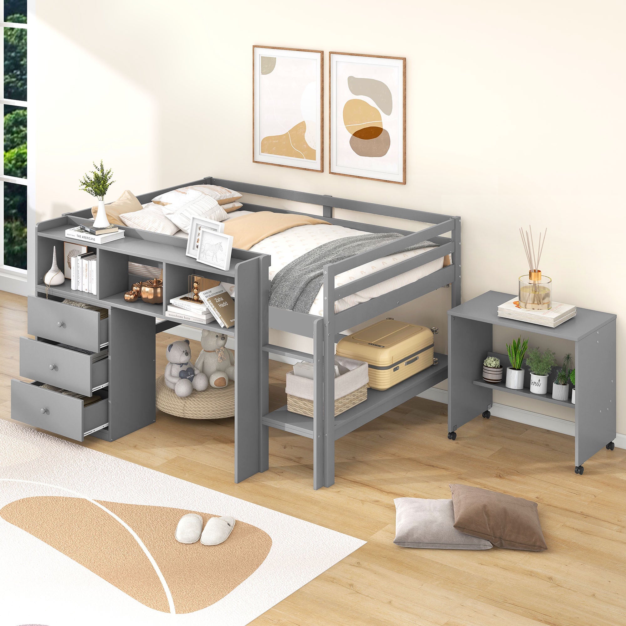 Full Size Low Loft Bed with Rolling Portable Desk, Drawers and Shelves, Gray(Old SKU: GX000711AAE) - Atlantic Fine Furniture Melbourne FL