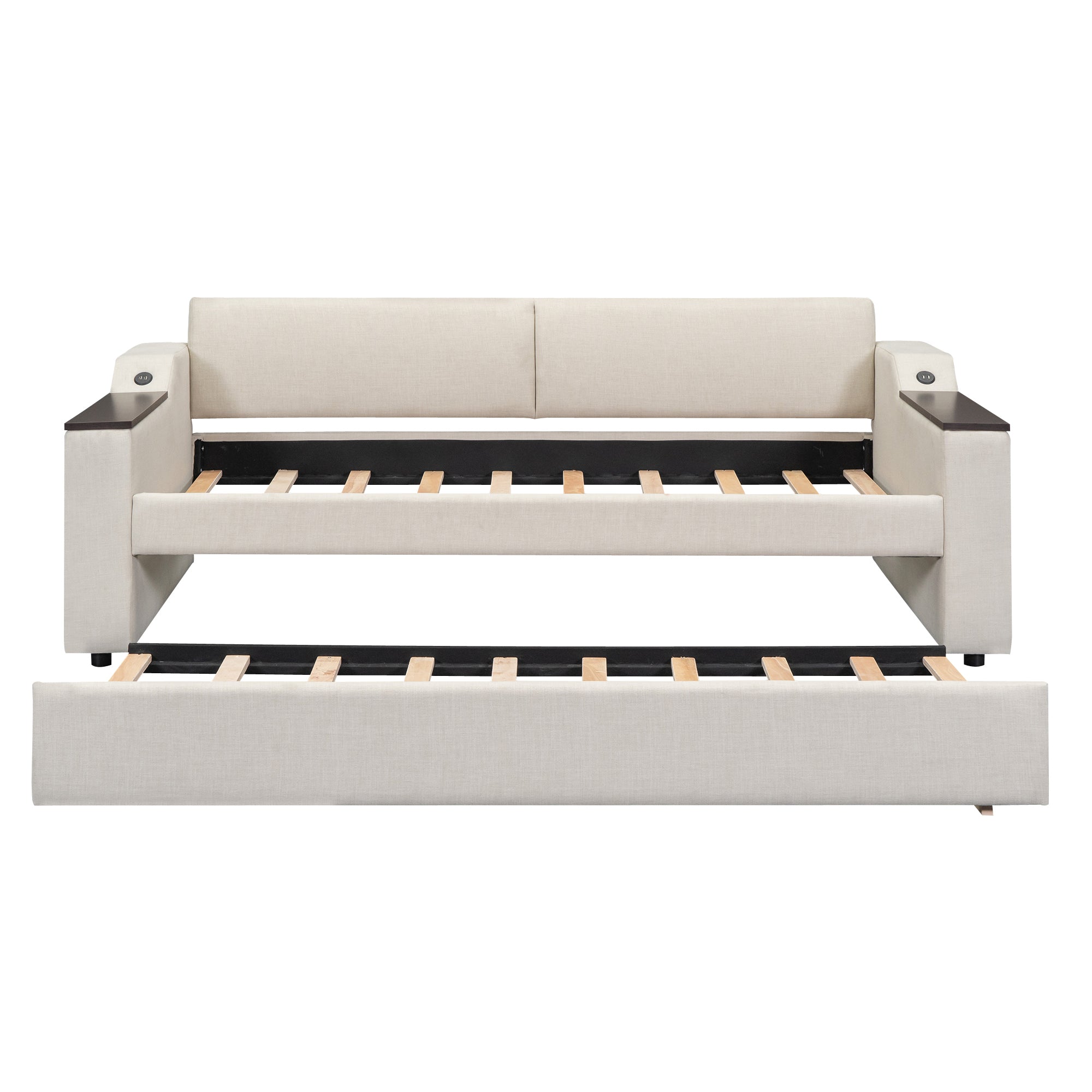 Twin Size Upholstery Daybed with Storage Arms, Trundle and USB Design, Beige - Atlantic Fine Furniture Melbourne FL