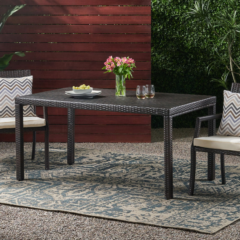 Outdoor Wicker Rectangular Dining Table With Iron Frame And Water Resistant Rattan