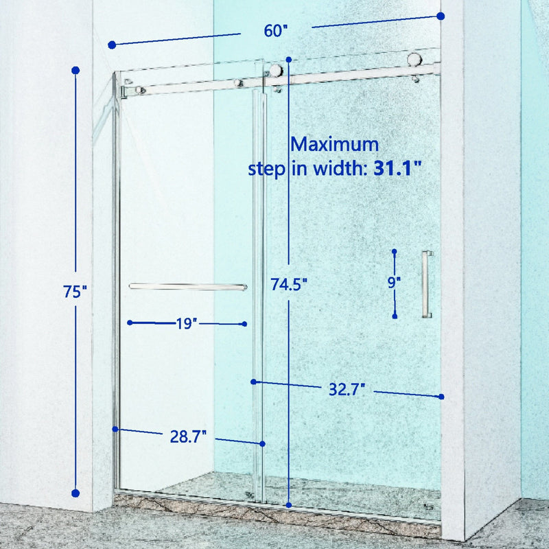 Semi-Frame Single Sliding Shower Door, 304 Stainless Steel, 5 / 16" (8Mm) Thick Sgcc Tempered Clear Glass