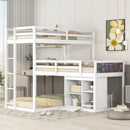 L-shaped Wood Triple Twin Size Bunk Bed with Storage Cabinet and Blackboard, Ladder, White