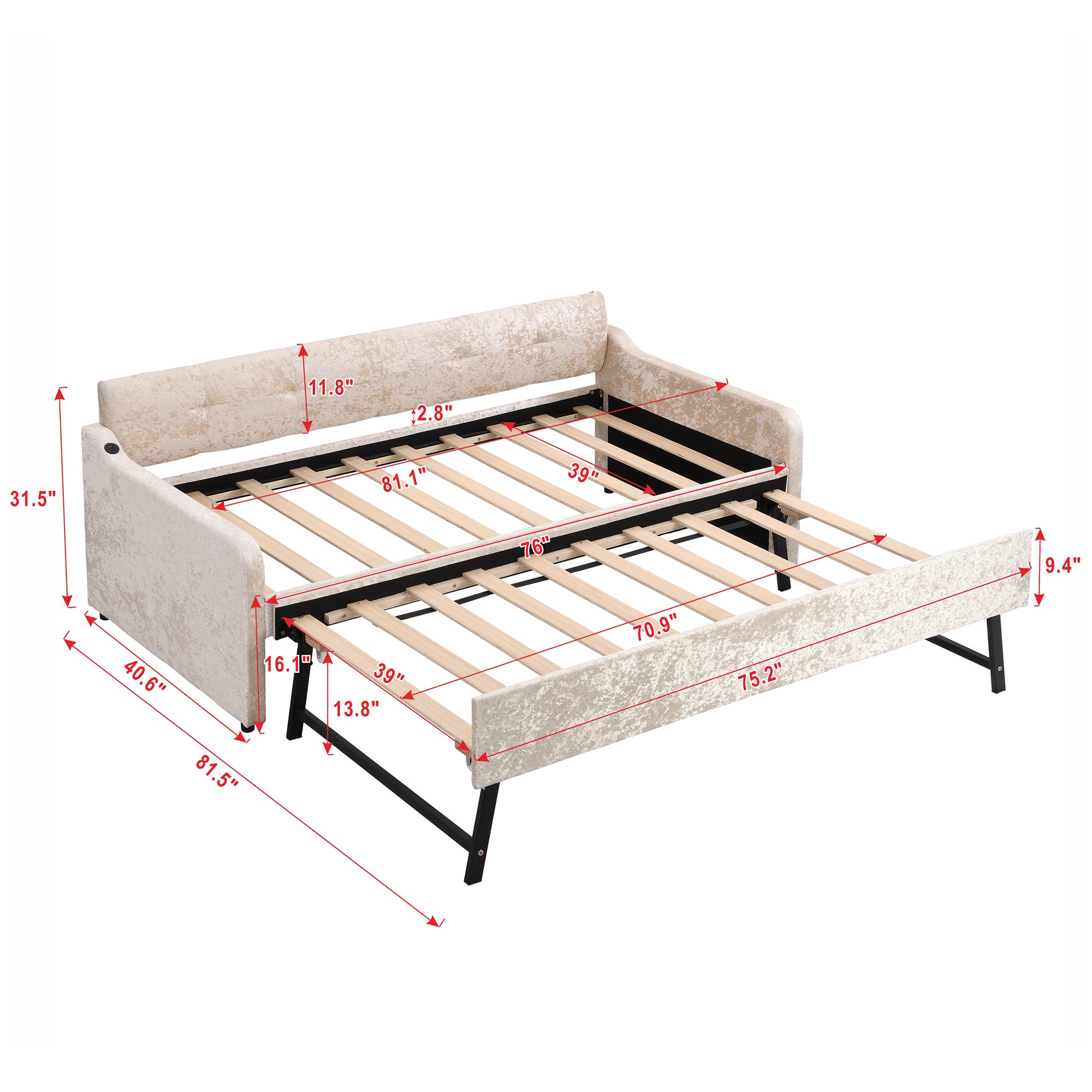 Twin Size Snowflake Velvet Daybed with Trundle and USB Charging Design,Beige - Atlantic Fine Furniture Melbourne FL