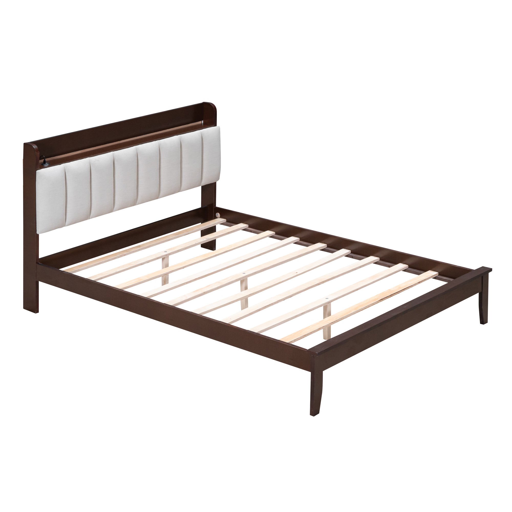 Full size Platform Bed with USB Charging Station and Storage Upholstered Headboard,LED Bed Frame,No Box Spring Needed,Walnut+Beige - Atlantic Fine Furniture Melbourne FL