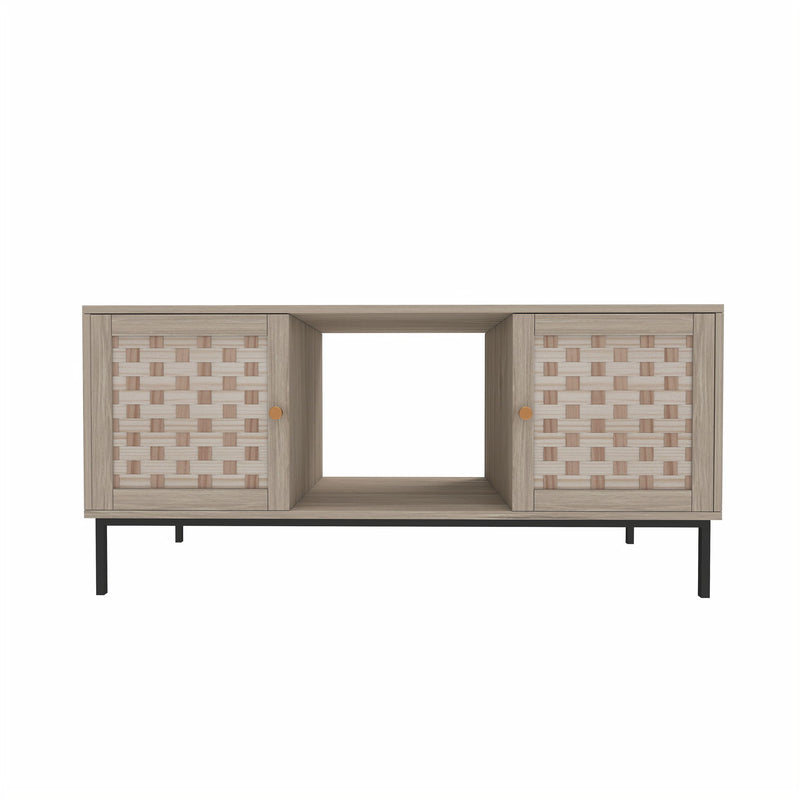 Elegant Veener Weaving Design Coffee Table With 4 Sliding Doors - Natural Wood