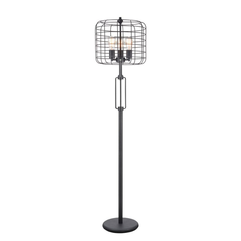 The Manus floor lamp will enhance your home with the sleek and industrial style that will stand out in any room. This lamp features a simple metal cage shade and a base in a rich finish.