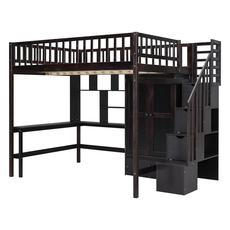 Full size Loft Bed with Bookshelf,Drawers,Desk,and Wardrobe-Espresso