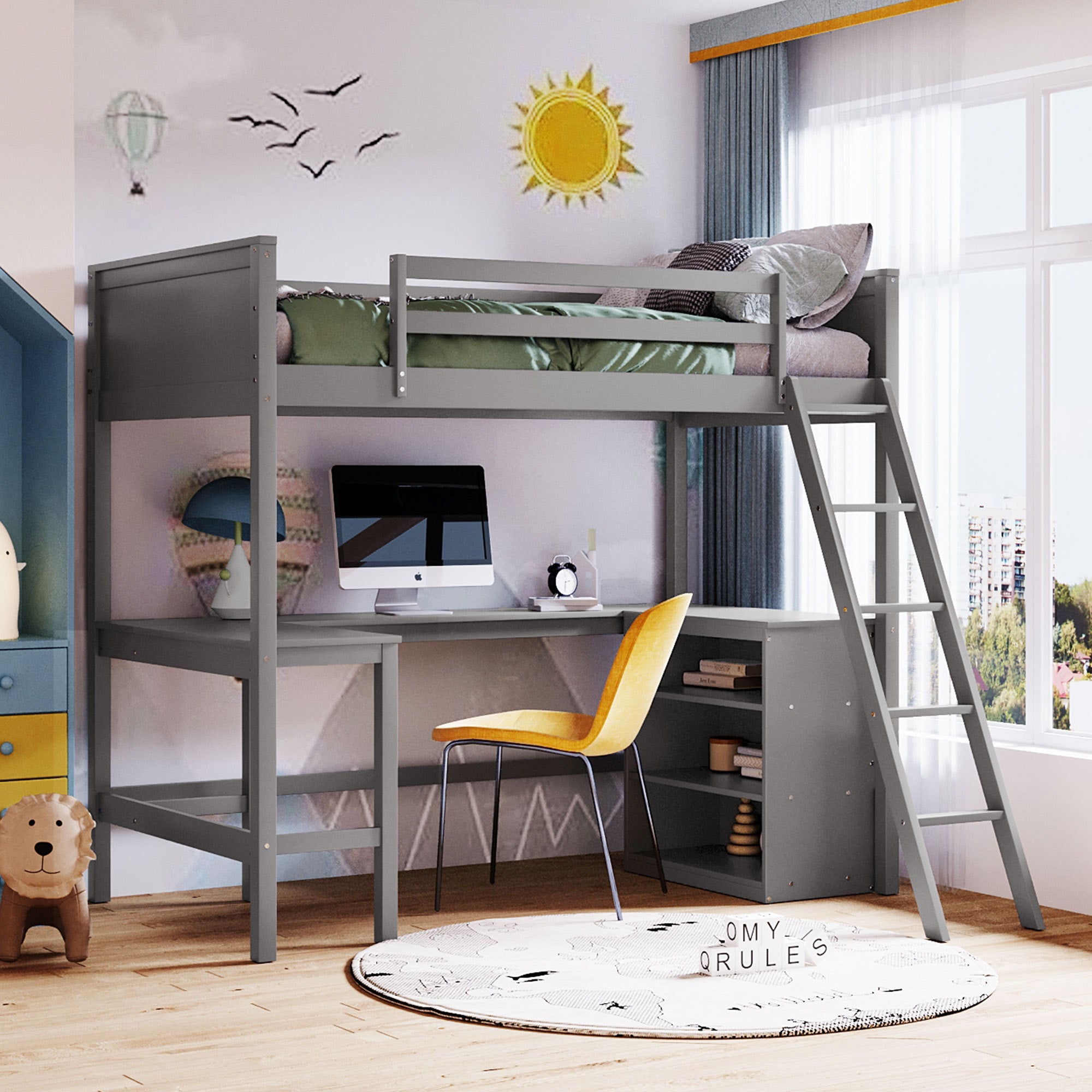 Twin size Loft Bed with Shelves and Desk, Wooden Loft Bed with Desk - Gray(OLD SKU:LT000537AAE) - Atlantic Fine Furniture Melbourne FL