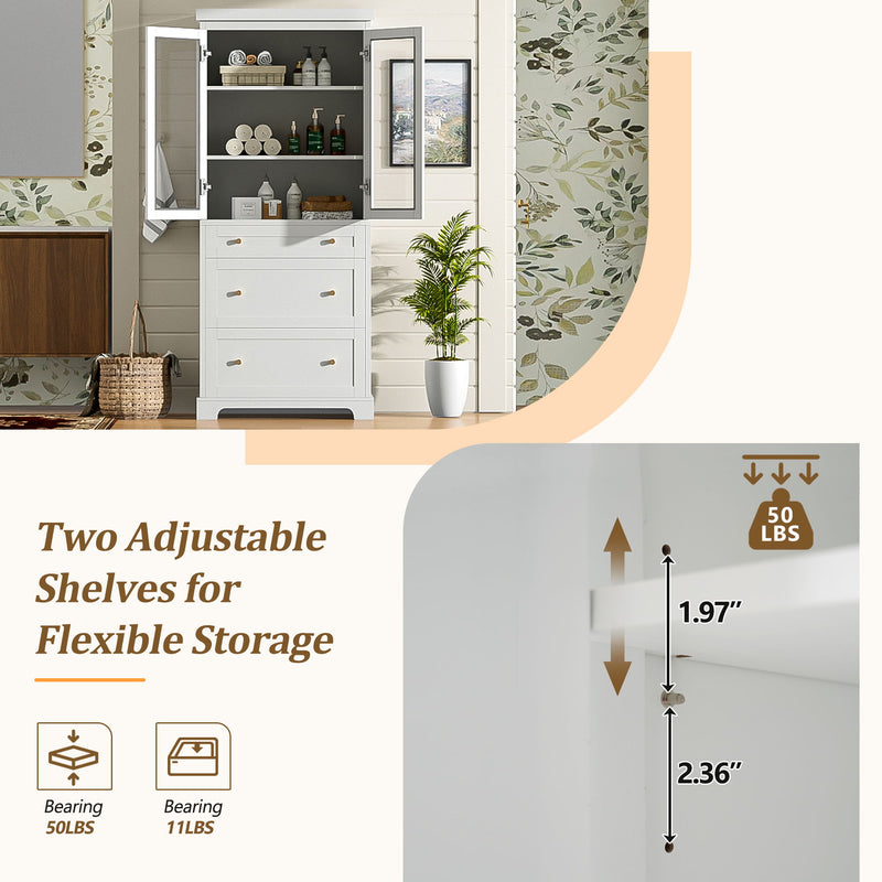 Freestanding Tall Bathroom Cabinet With 2 Adjustable Shelves, 3 Drawers, Soft Close Glass Doors - White