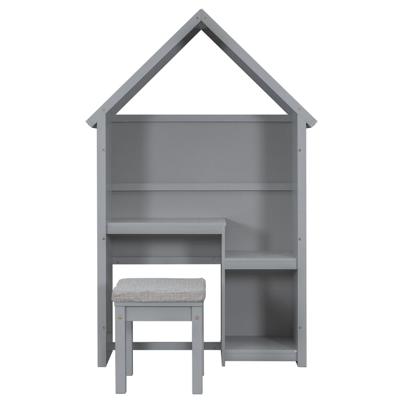 House-Shaped Kids Desk With A Cushion Stool, House-Style Desk And Stool Set