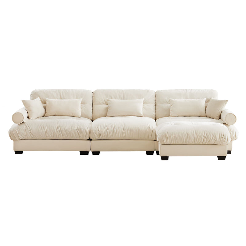 Modern Sectional Sofa With Ottoman, Round Bolster Armrests, Waist And Throw Pillows