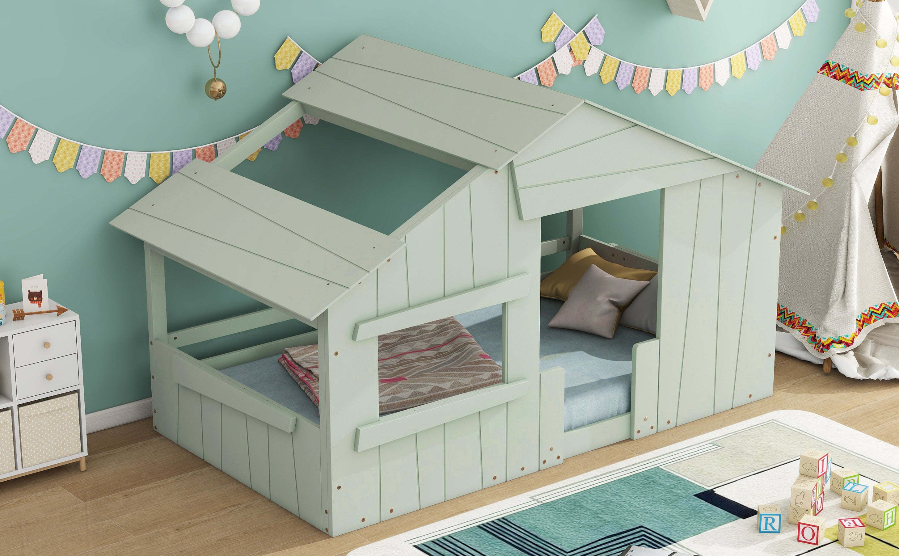 Wood Twin Size House Bed with Roof, Window and Guardrail, Light Green - Atlantic Fine Furniture Melbourne FL