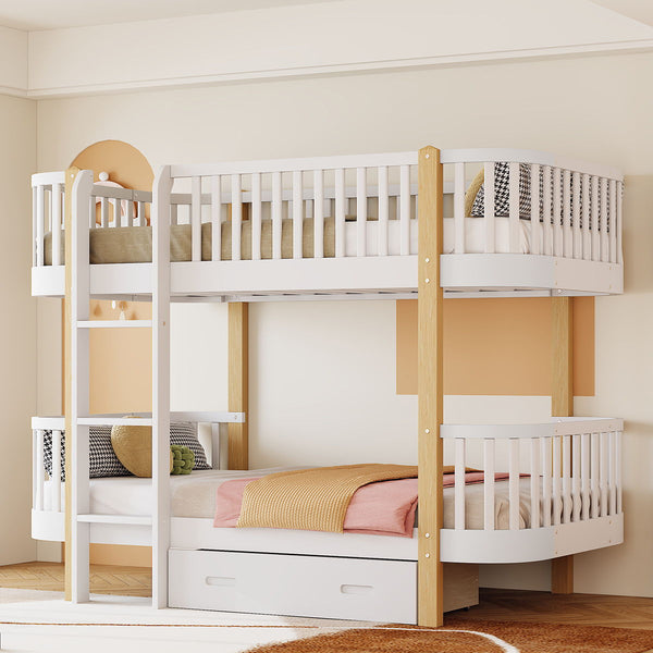 Wood Twin Over Twin Bunk Bed With Fence Guardrail And A Big Drawer, White