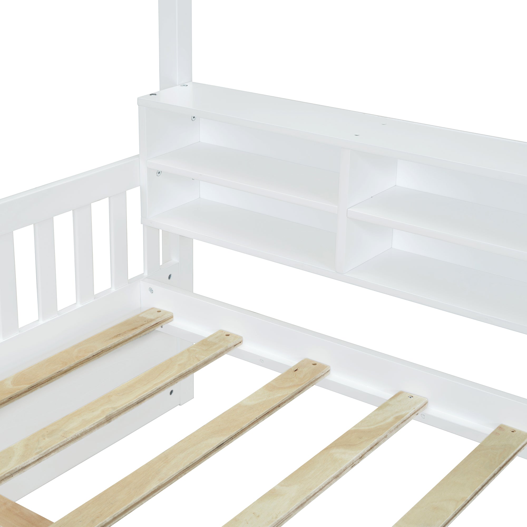 Full Size Wooden House Bed with Shelves and a Mini-cabinet, White - Atlantic Fine Furniture Melbourne FL