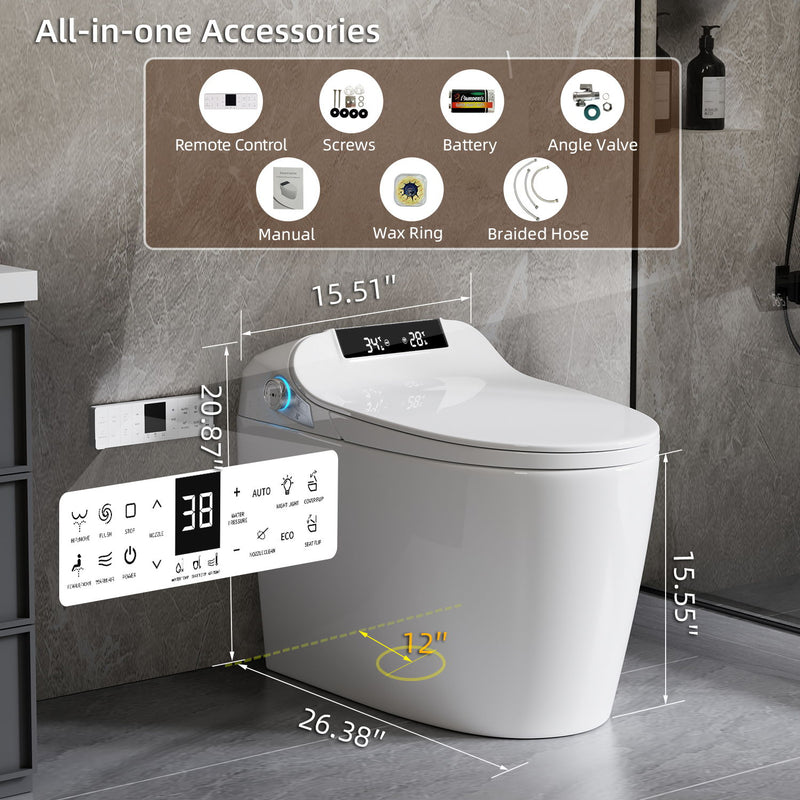 Smart Toilet Bidet Combo With Foot Sensor Open Cover / Seat, Self Cleaning Nozzle, LED Display, Three Level Heated Seat / Airflow, Night Light, Knob Control, Soft Close, Auto Flush, With Remote Control - Gloss White