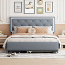 Queen Size  Velvet Storage Platform Bed, with 2 Big Drawers, Twin XL Size Trundle and LED Light, Gray