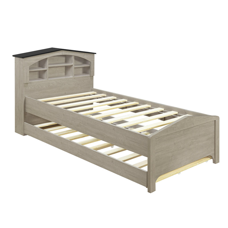 Twin Size Wood Platform Bed with House-shaped Storage Headboard and Trundle, Gray