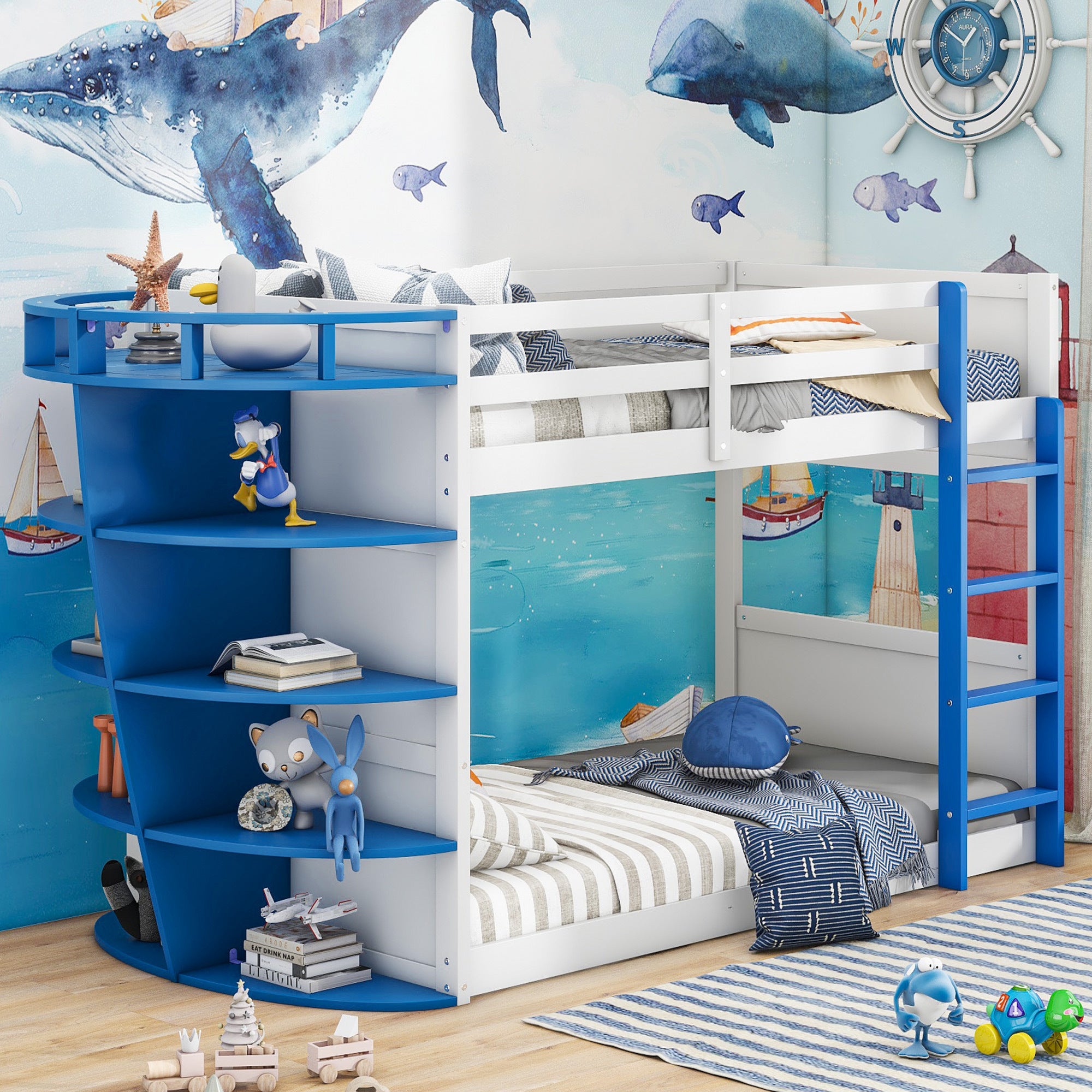 Twin over Twin Boat-Like Shape Bunk Bed with Storage Shelves, White+Blue - Atlantic Fine Furniture Melbourne FL