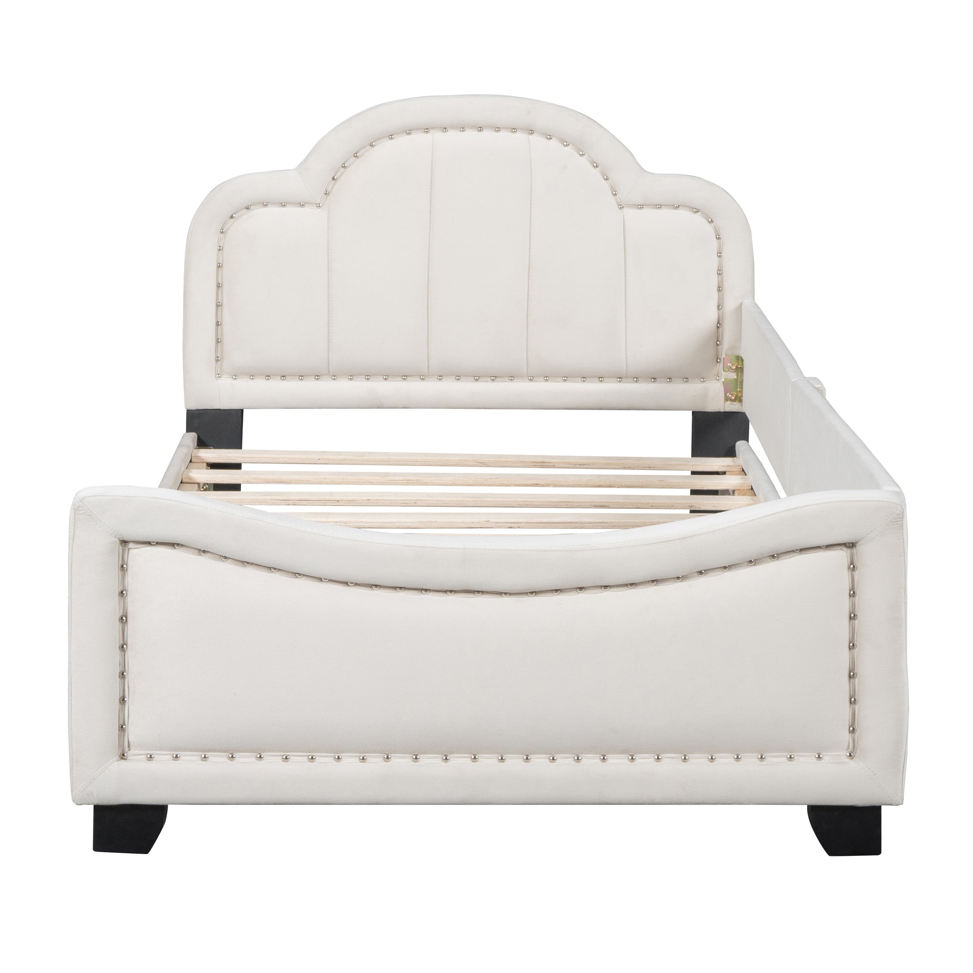 Twin Size Upholstered Daybed with Cloud Shaped Headboard, Embedded Elegant Copper Nail Design, Beige - Atlantic Fine Furniture Melbourne FL