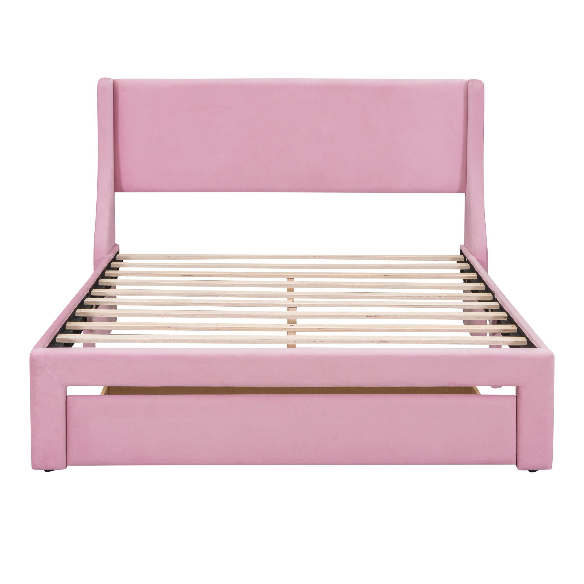 Queen Size Storage Bed Velvet Upholstered Platform Bed with a Big Drawer - Pink - Atlantic Fine Furniture Melbourne FL