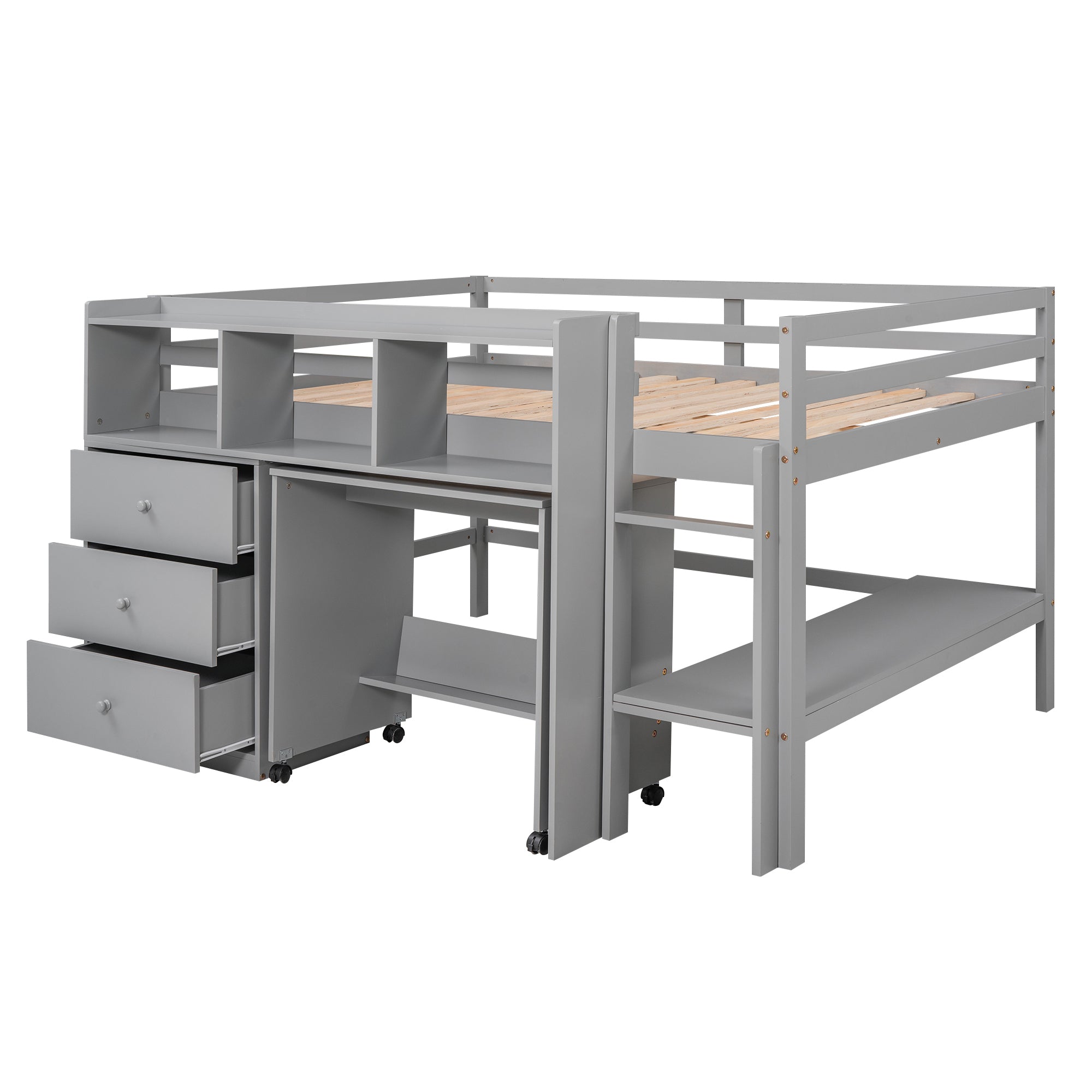 Full Size Low Loft Bed with Rolling Portable Desk, Drawers and Shelves, Gray(Old SKU: GX000711AAE) - Atlantic Fine Furniture Melbourne FL
