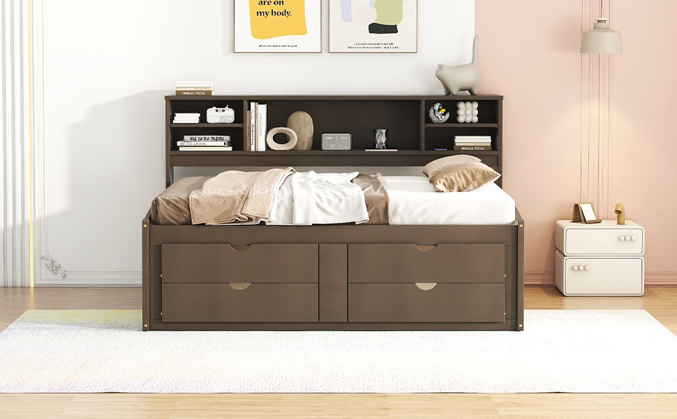 Full Size Wood Daybed with 2 Bedside Cabinets, Upper Shelves and 4 Drawers, Antique Brown - Atlantic Fine Furniture Melbourne FL
