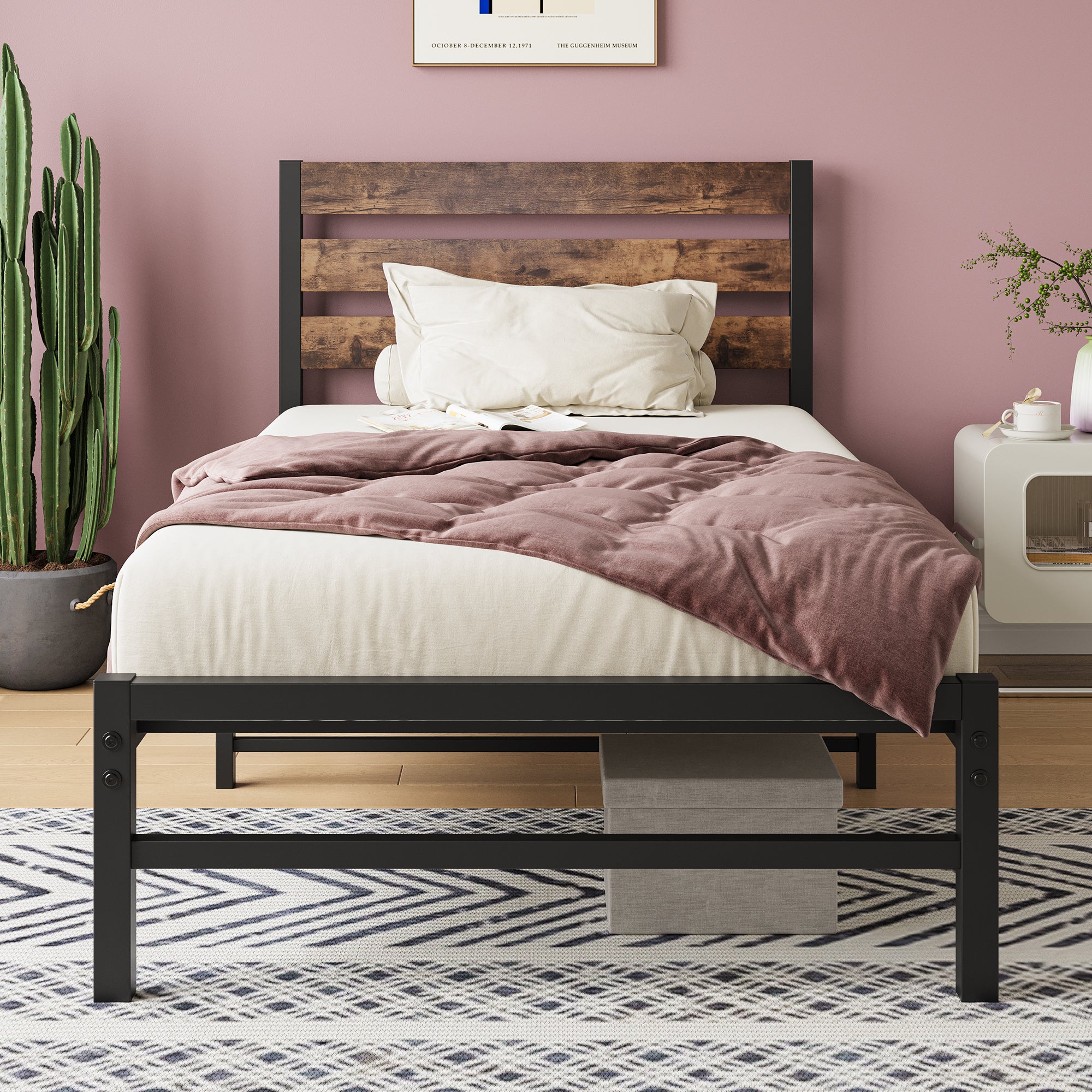 Twin Size Platform Bed Frame with Rustic Vintage Wood Headboard, Strong Metal Slats Support Mattress Foundation, No Box Spring Needed Rustic Brown - Atlantic Fine Furniture Melbourne FL