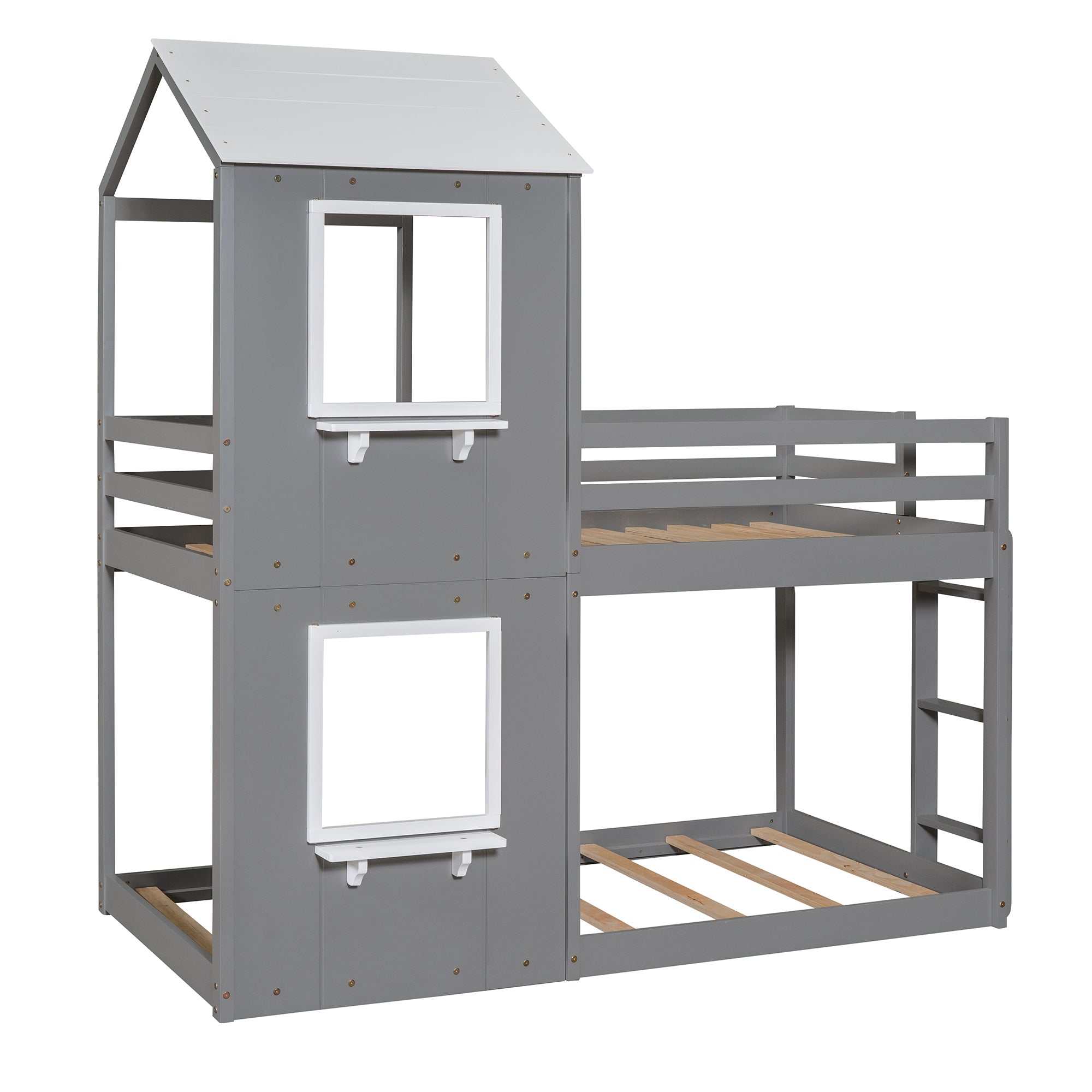 Twin Over Twin Bunk Bed Wood Bed with Roof, Window, Guardrail, Ladder (White) - Atlantic Fine Furniture Melbourne FL