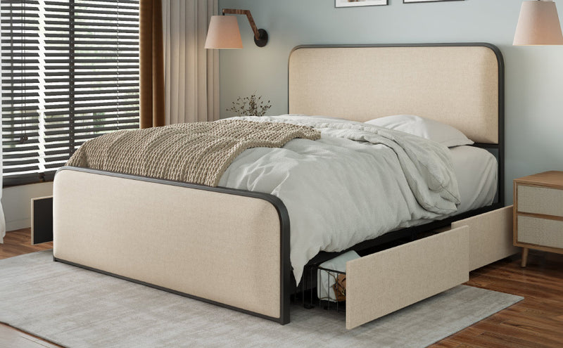 Modern Metal Bed Frame with Curved Upholstered Headboard and Footboard Bed with 4 Storage Drawers, Heavy Duty Metal Slats, Full Size, Beige