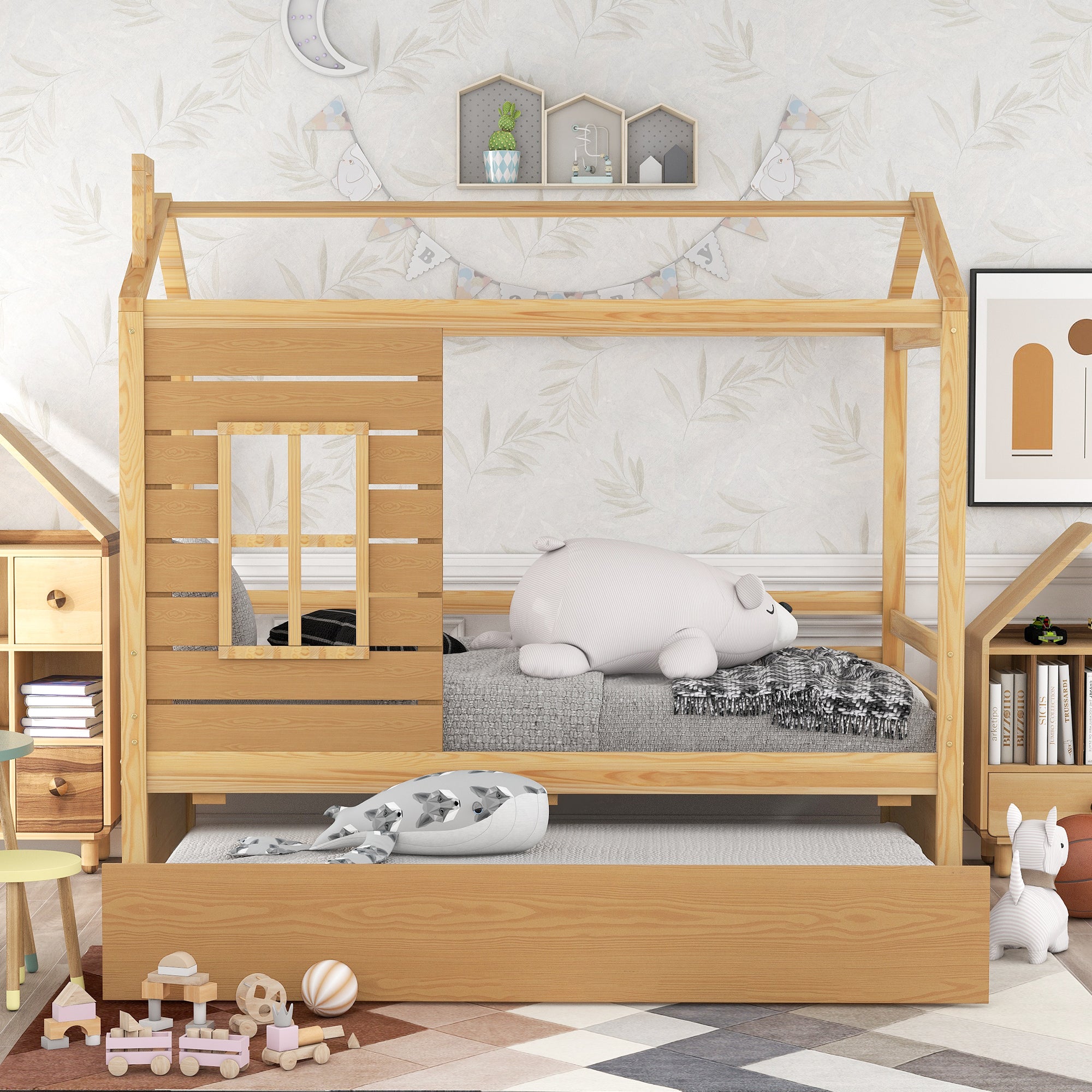 Twin Size House Bed Wood Bed with Twin Size Trundle ( Natural ) - Atlantic Fine Furniture Melbourne FL