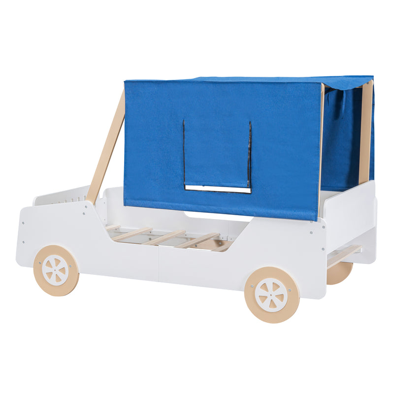 Twin Size Car Shaped Bed with Tents,White+Natural