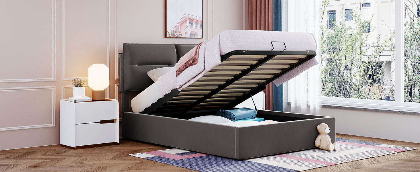 Upholstered Platform bed with a Hydraulic Storage System, Full size, Gray - Atlantic Fine Furniture Melbourne FL