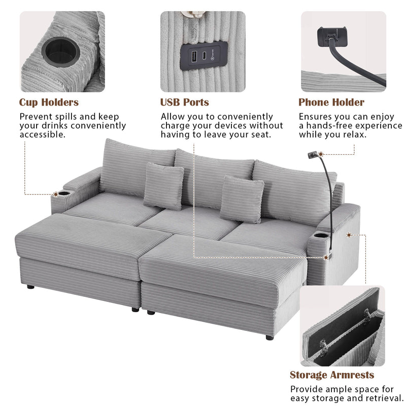 Modern Style Loveseat Sofa Sectional Sofa Couch With Storage Space, A Movable Ottoman, Two USB Ports, Two Cup Holders, A Phone Holder For Living Room