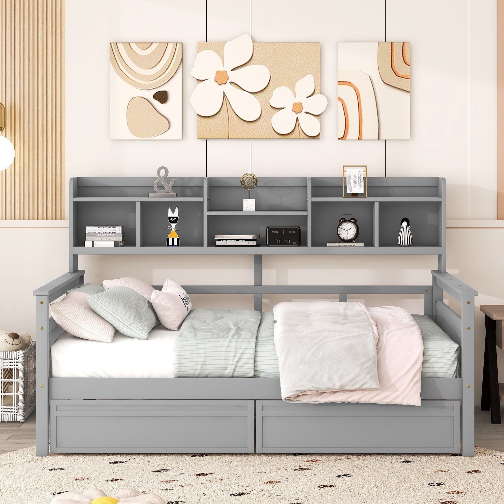 Full size Daybed, Wood Slat Support, with Bedside Shelf and Two Drawers, Gray - Atlantic Fine Furniture Melbourne FL
