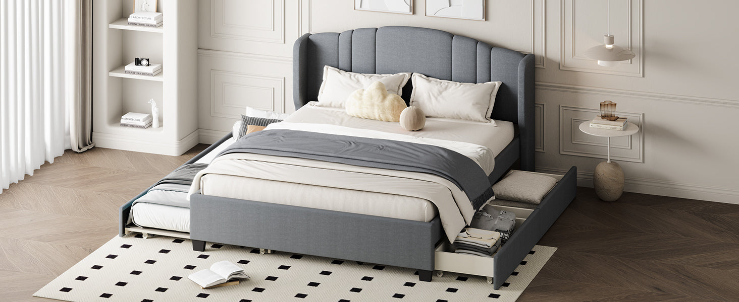 Upholstered Platform Bed with Wingback Headboard, One Twin Trundle and 2 Drawers, No Box Spring Needed, Linen Fabric, Queen Size Gray - Atlantic Fine Furniture Melbourne FL