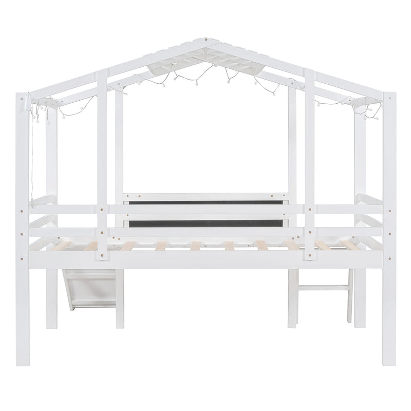 Loft House Bed With Ladder And Slide, With Blackboard And Light Strip On The Roof