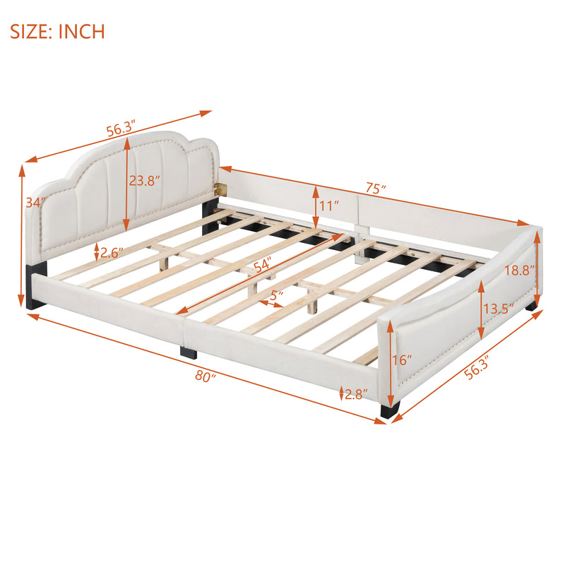 Full Size Upholstered Daybed with Cloud Shaped Headboard, Embedded Elegant Copper Nail Design, Beige