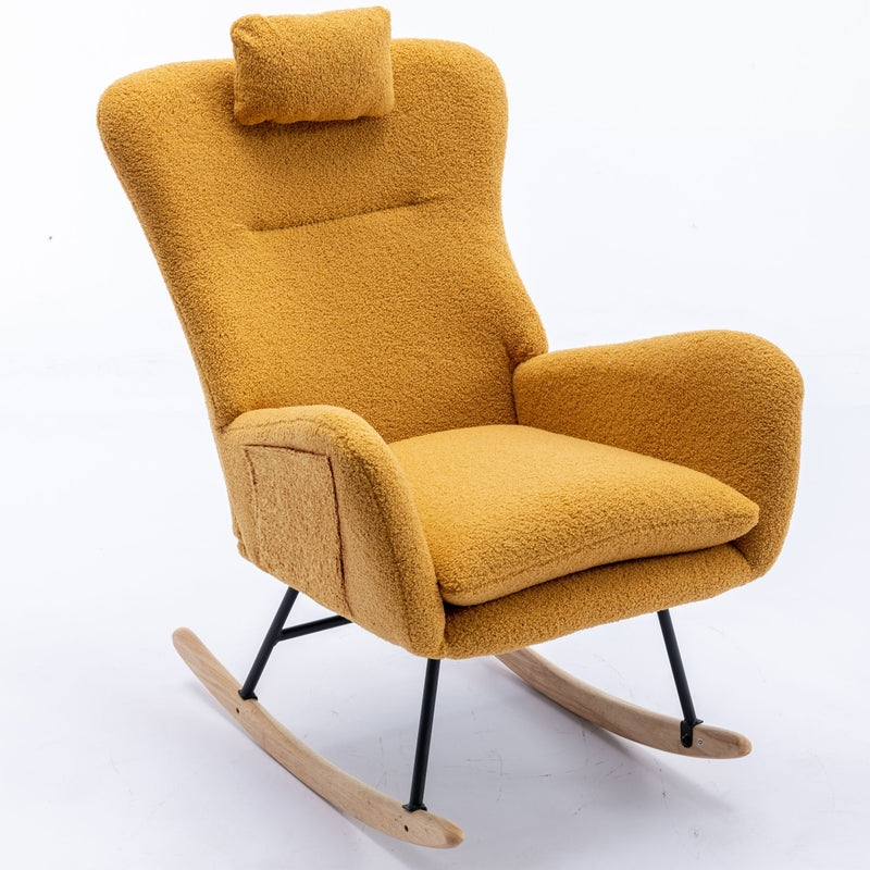 35.5" Rocking Chair With Pocket, Soft Teddy Fabric Rocking Chair For Nursery, Comfy Wingback Glider Rocker With Safe Solid Wood Base For Living Room Bedroom Balcony - Turmeric