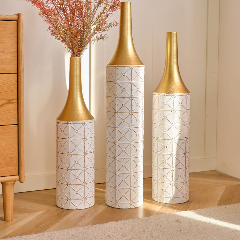 Floor Metal Vases Decorated White Metal Vases (Set of 3) Gorgeous Home Decoration Large Glazed Metal Vases - White / Gold