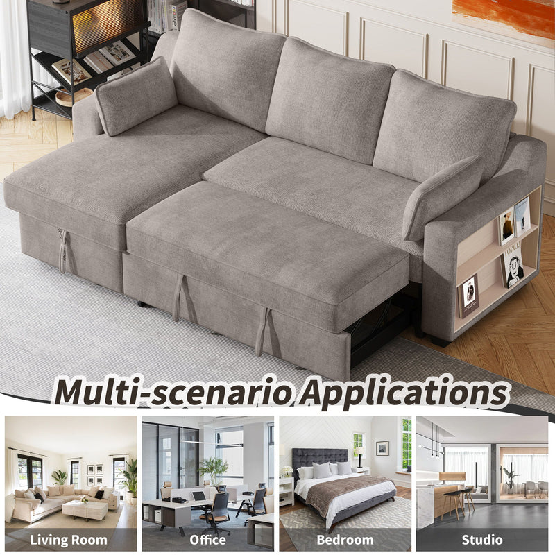 Pull Out Sleeper Sofa L-Shaped Couch Convertible Sofa Bed With Storage Chaise, Storage Racks And USB Ports