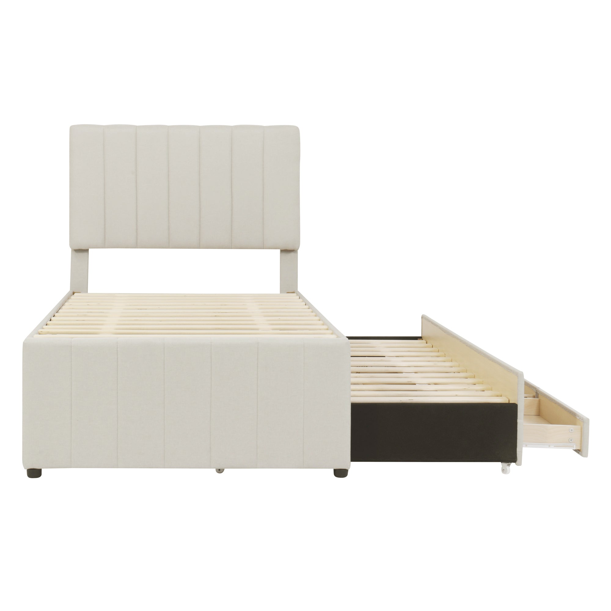 Twin Size Upholstered Platform Bed with Trundle and 3 Drawers, Linen Fabric, Beige - Atlantic Fine Furniture Melbourne FL