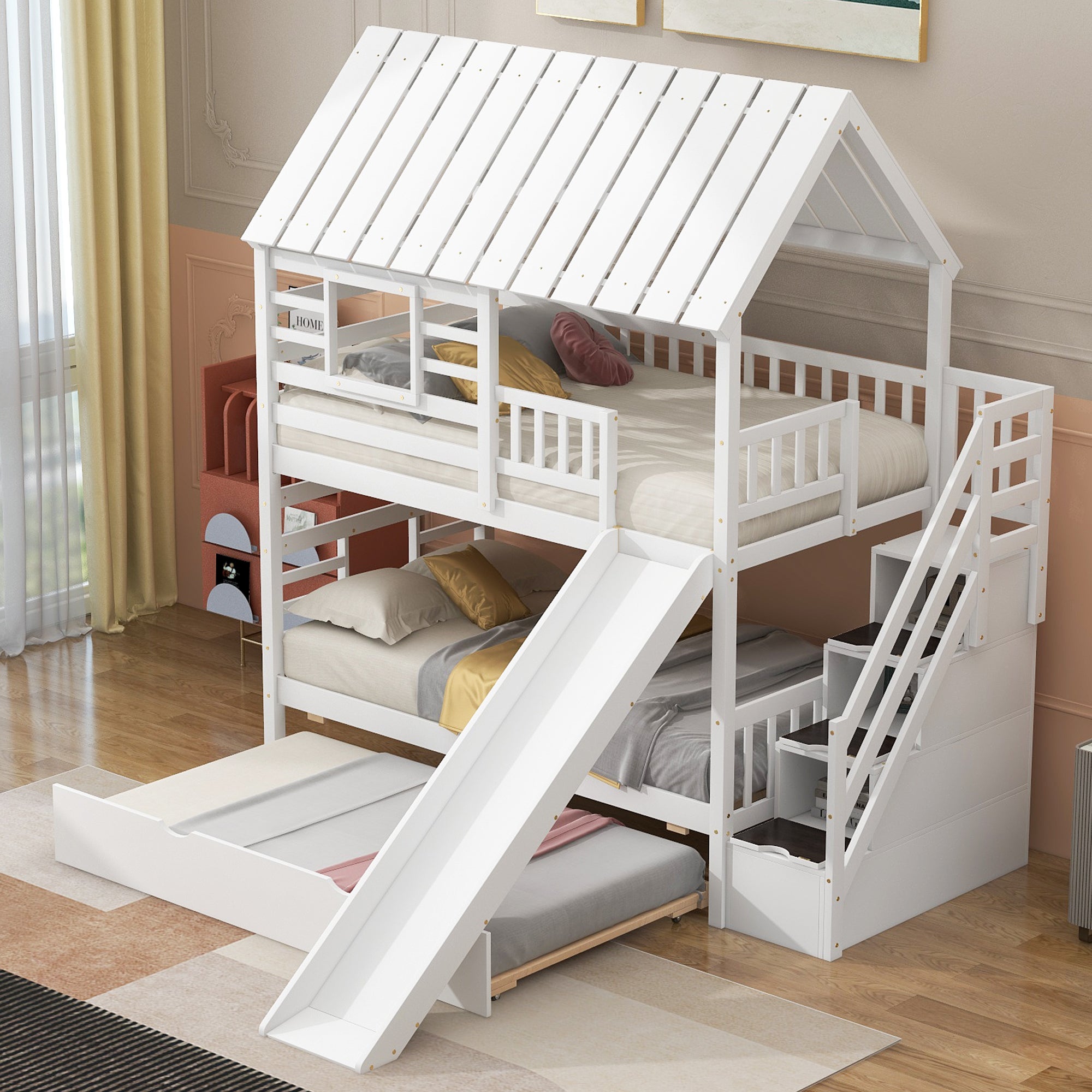 Twin over Twin House Bunk Bed with Trundle and Slide, Storage Staircase, Roof and Window Design, White(Old SKU: GX000931AAK) - Atlantic Fine Furniture Melbourne FL