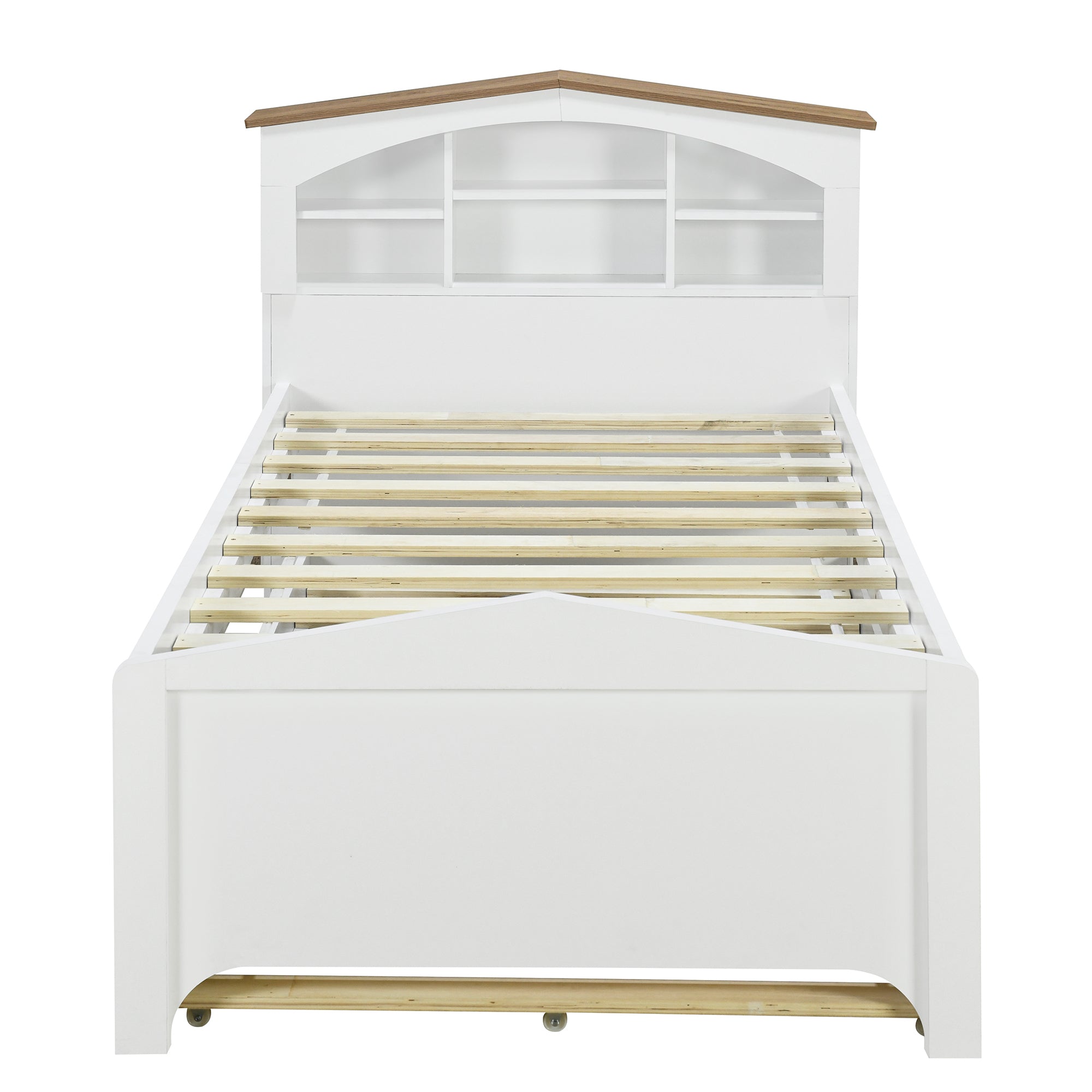 Twin Size Wood Platform Bed with House-shaped Storage Headboard and Trundle, White - Atlantic Fine Furniture Melbourne FL